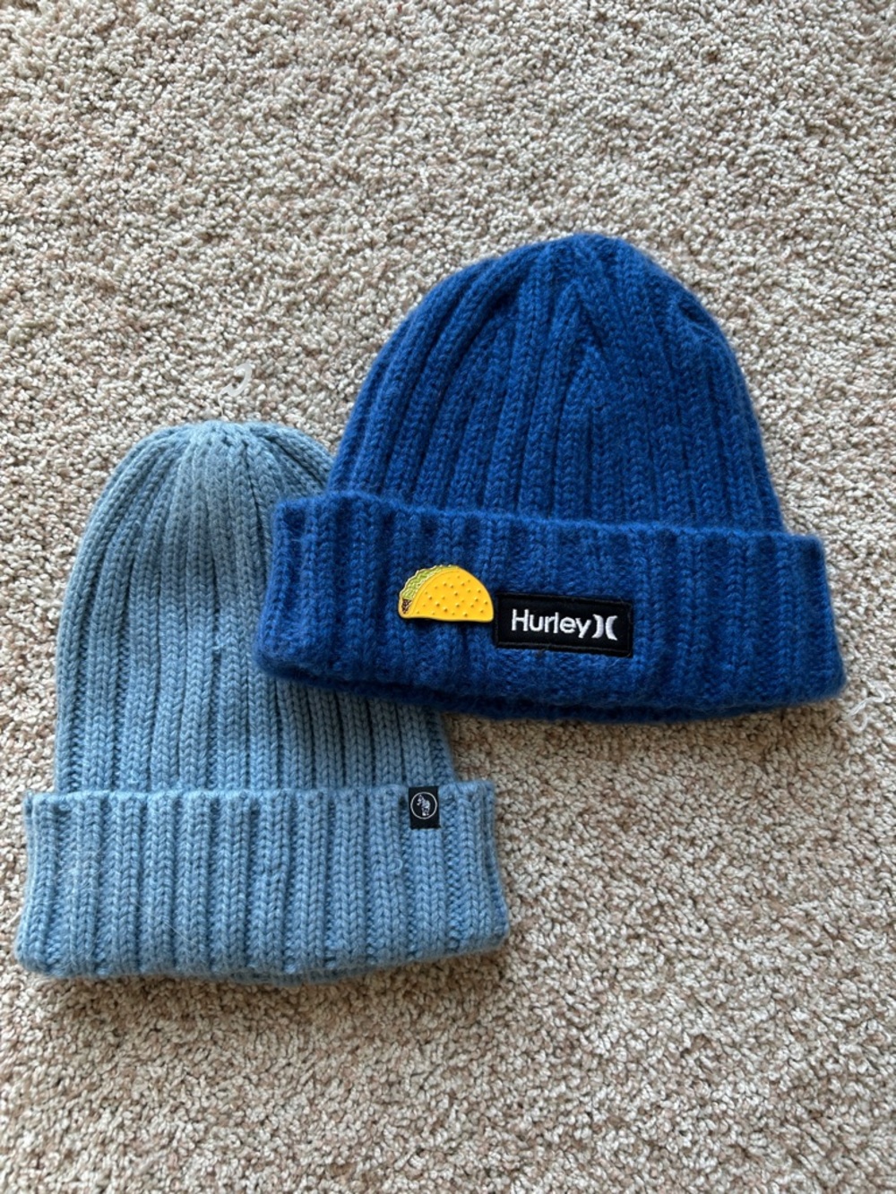Hurley Kids Blue Ribbed Knit Beanie with Taco Patch - Royal & Light Blue